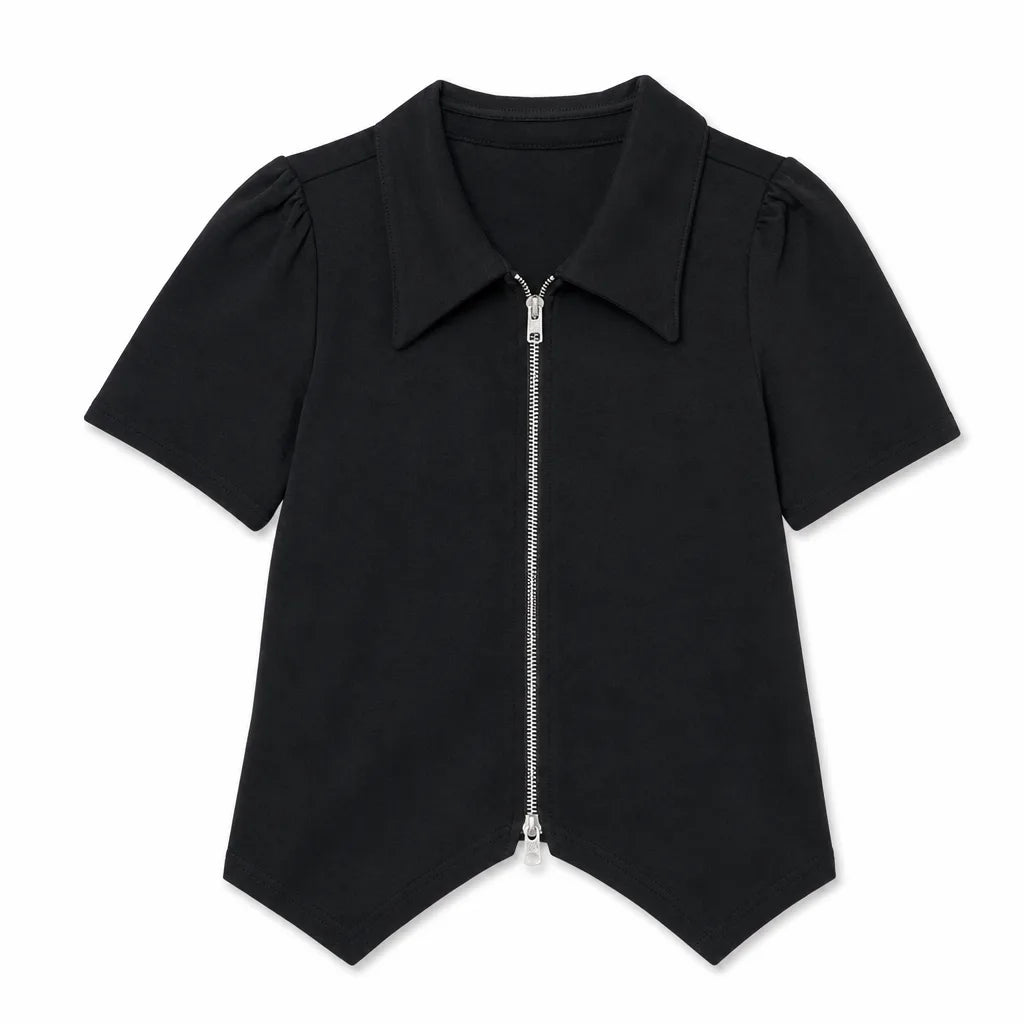 Lillian Zip Polo Top  - Color:Black;Size:S