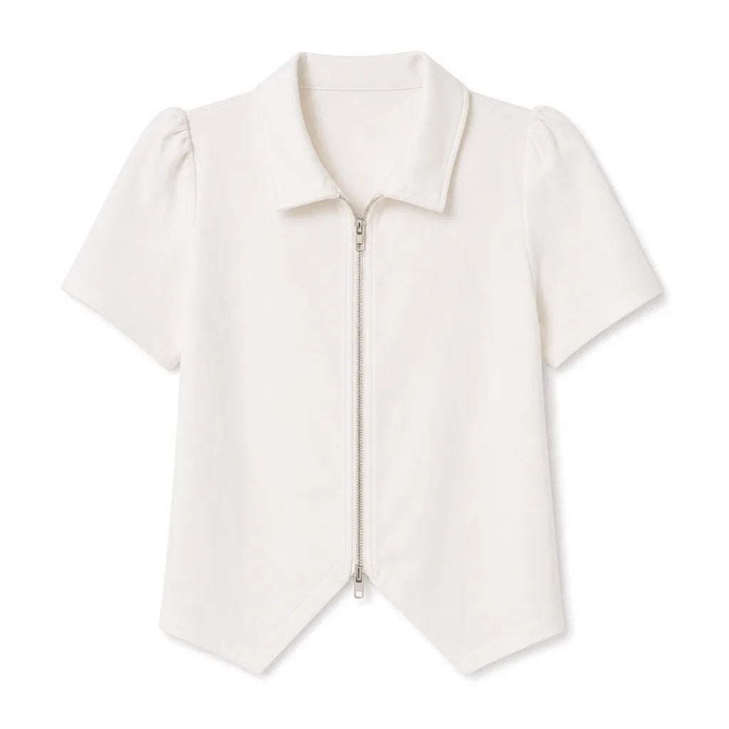 Lillian Zip Polo Top  - Color:White;Size:S