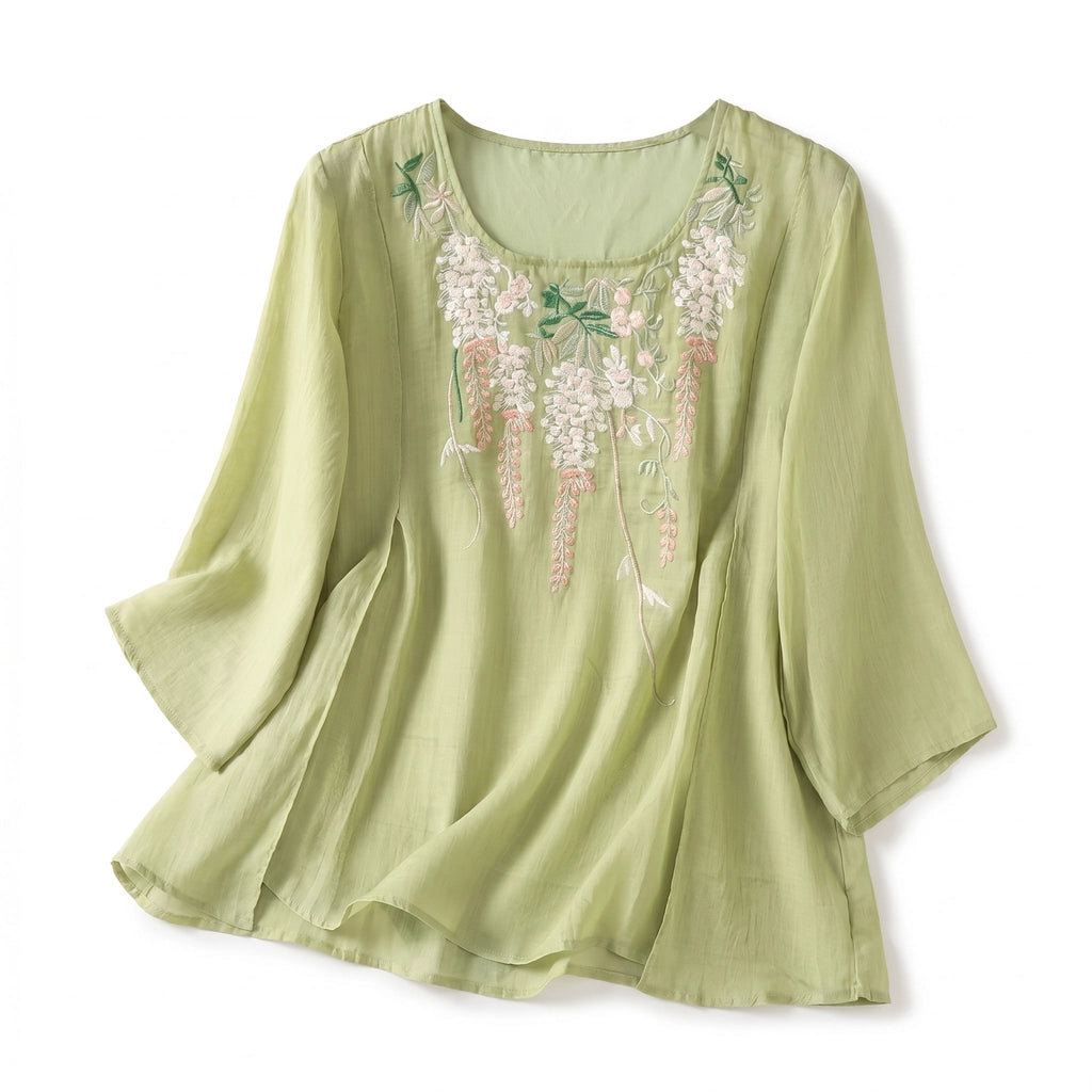 Lisa Embroidered Top - Color:Green;Size:S