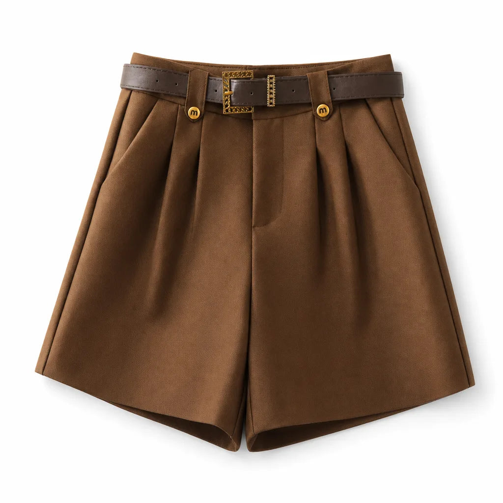 Madeline High Waist Shorts - Color:Brown;Size:XS