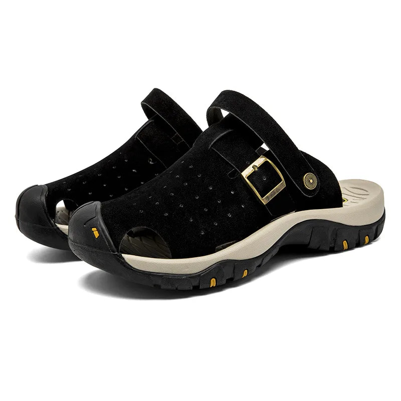 Mustang Leather Trail Slides - Color:Black;Size:38