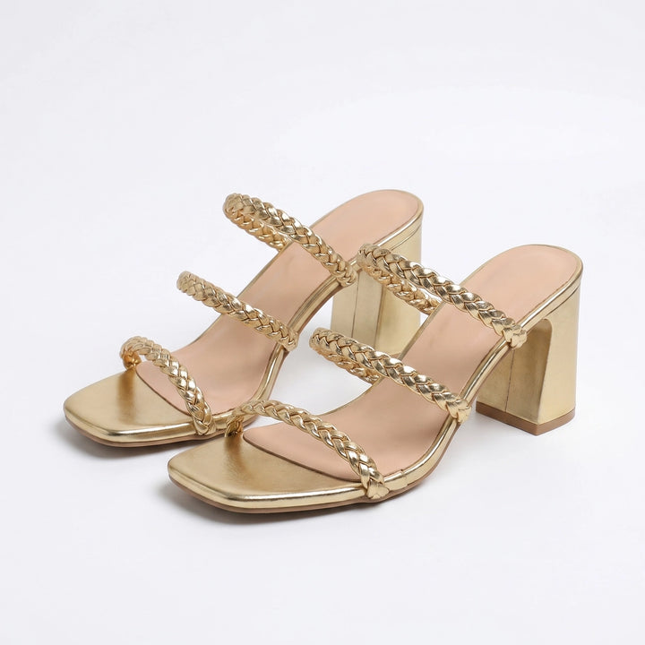 Nadia Woven Block Mules - Color:Gold;Size:35