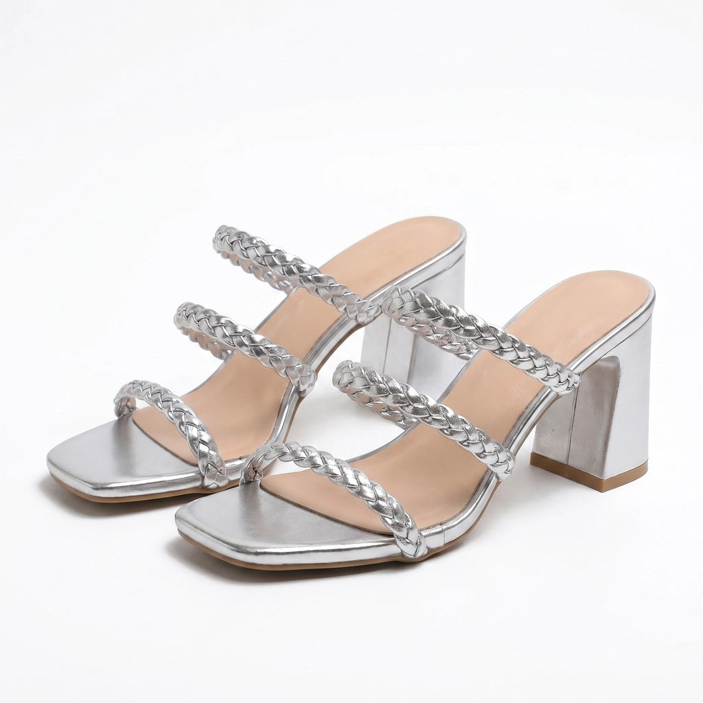 Nadia Woven Block Mules - Color:Silver;Size:35