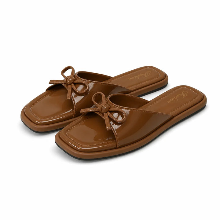 Naomi Bow Flat Slides - Color:Brown;Size:36-37