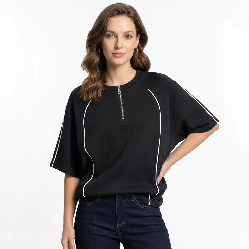 Men's Black Vivienne Cotton Half-Zip T-Shirt