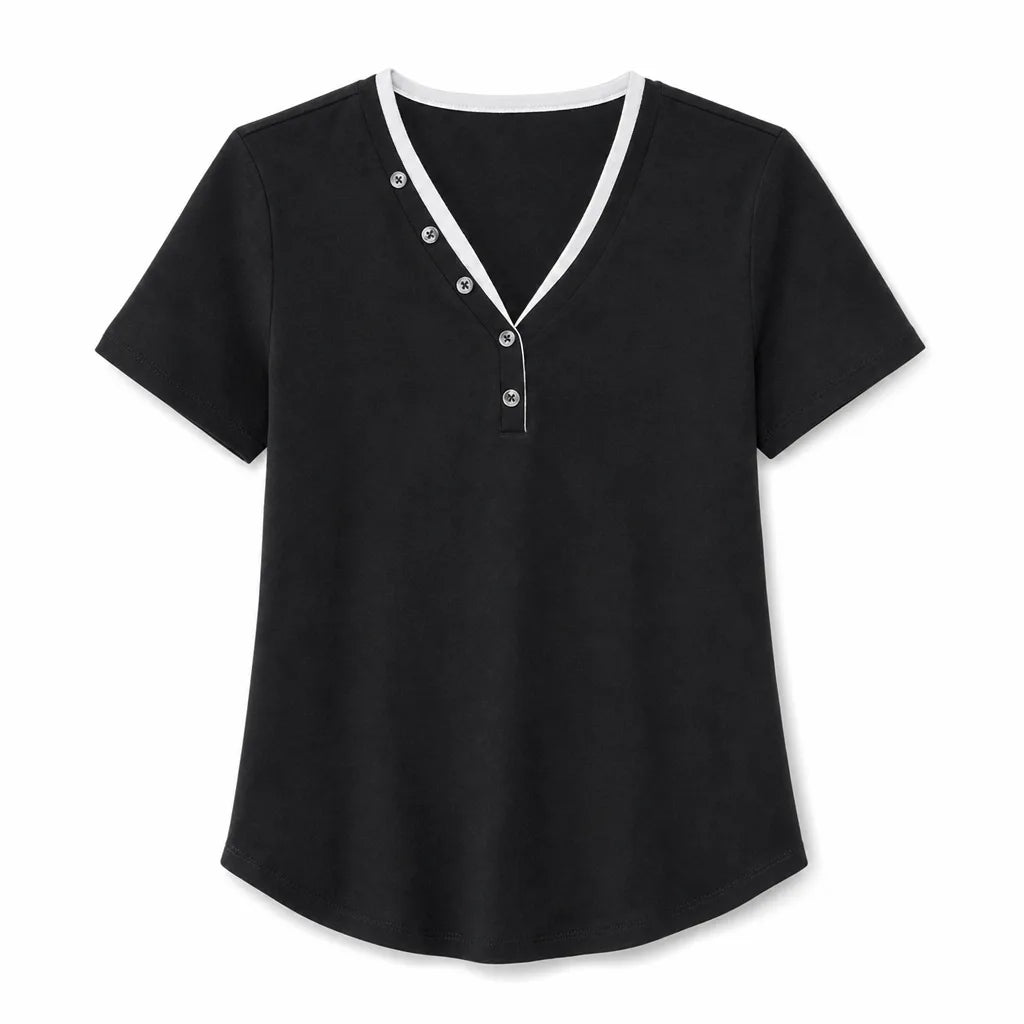 Women's Black Grimshaw V-Neck Contrast Button Tee