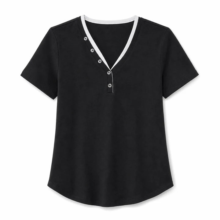 Women's Black Grimshaw V-Neck Contrast Button Tee