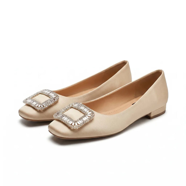 Nicole Embellished Buckle Flats - Color:Beige;Size:35