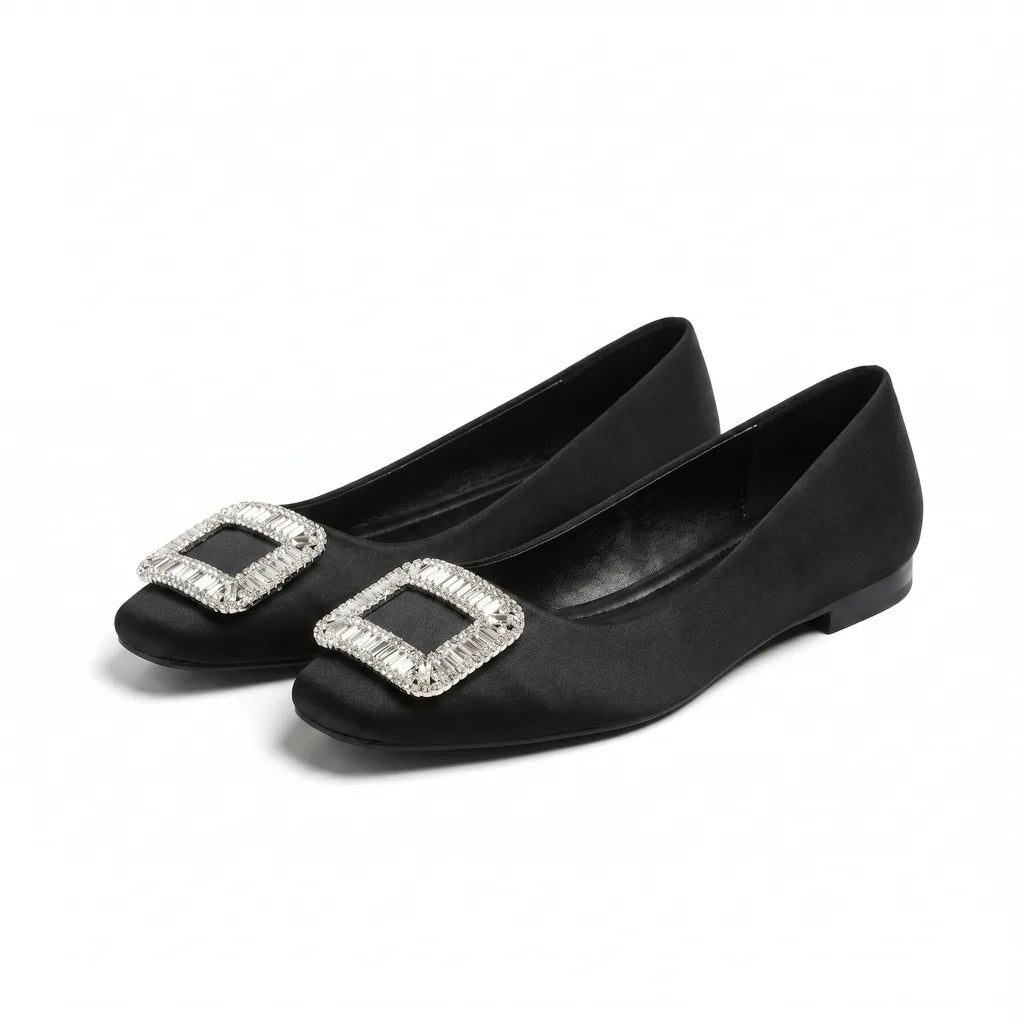 Nicole Embellished Buckle Flats - Color:Black;Size:35