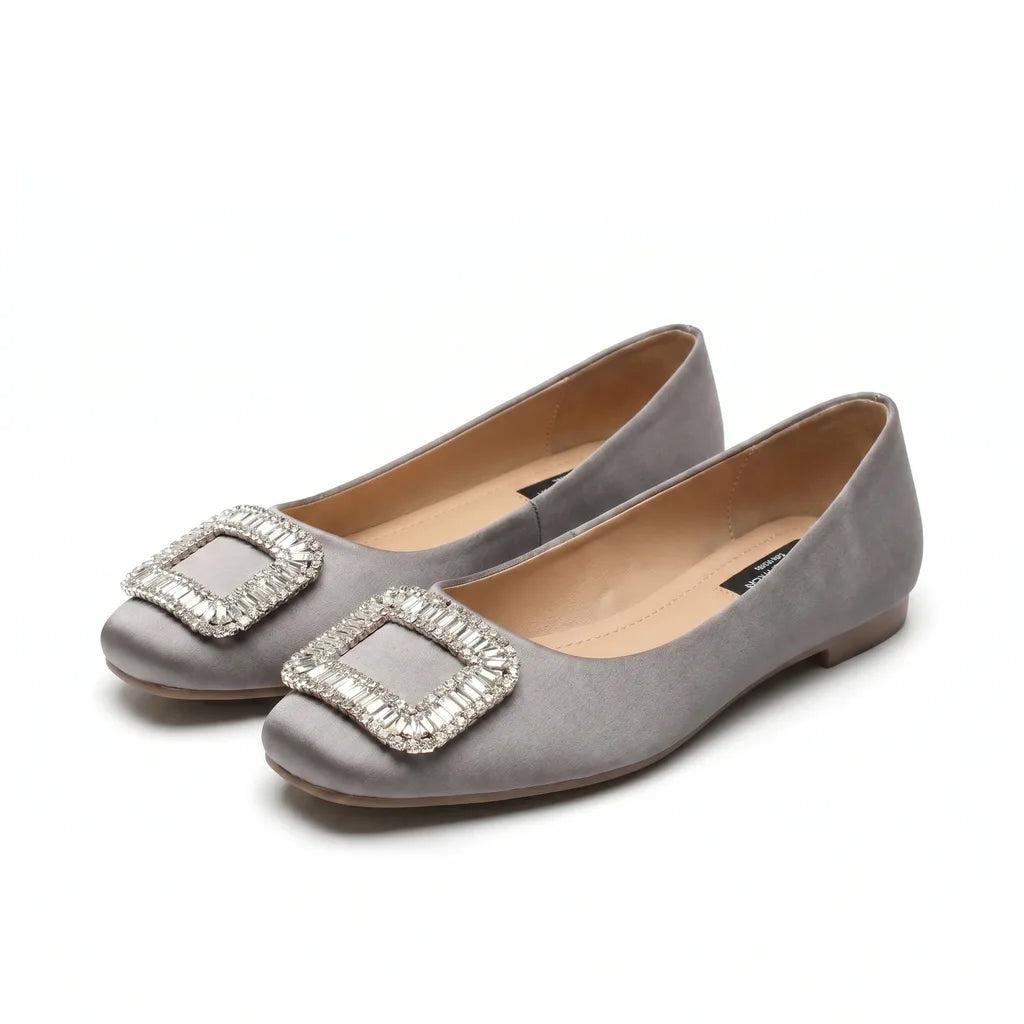 Nicole Embellished Buckle Flats - Color:Gray;Size:35