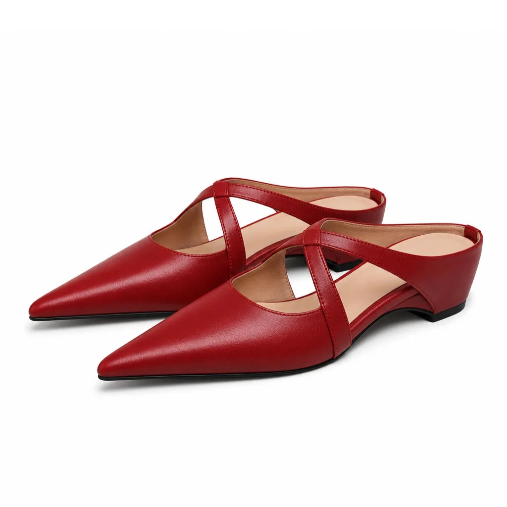 Olivia Strappy Flat Mules - Color:Red;Size:35