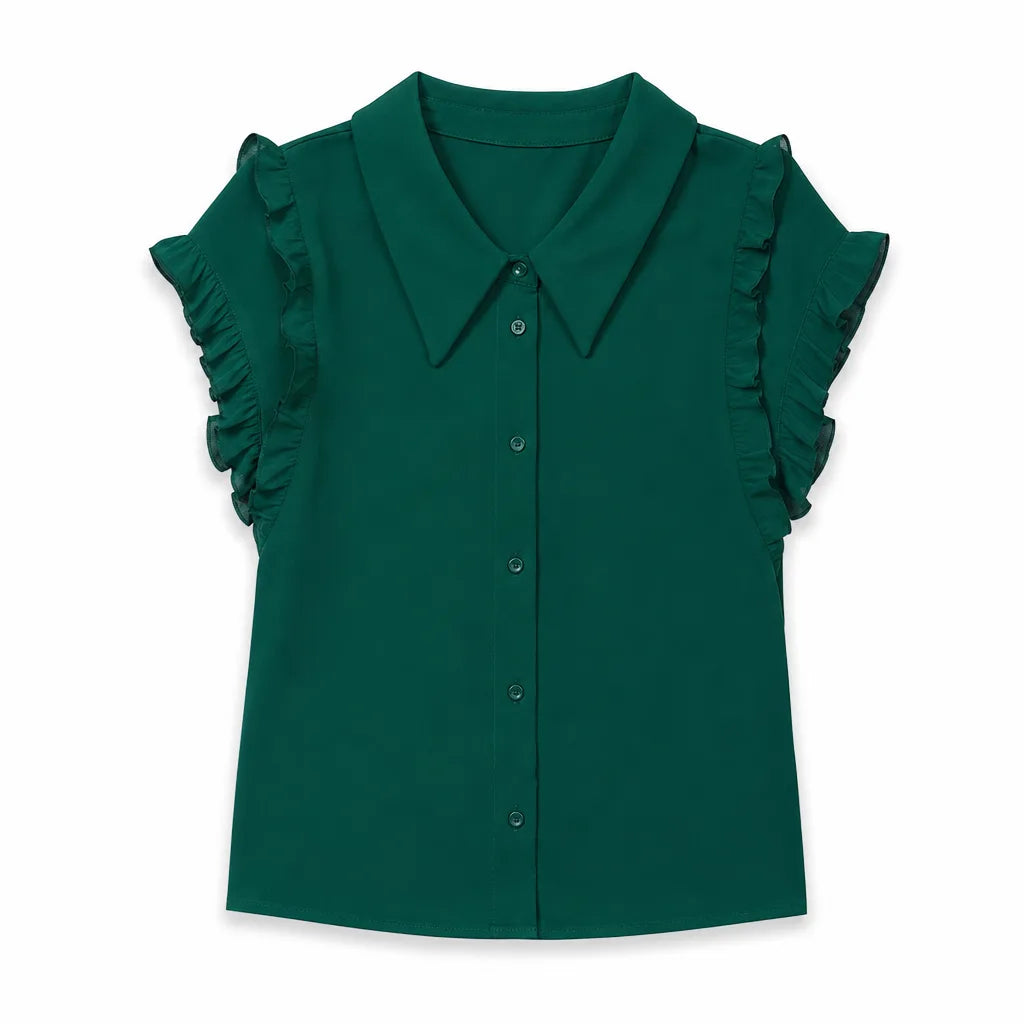 Overton Ruffle Collar Blouse - Color:Dark Green;Size:M