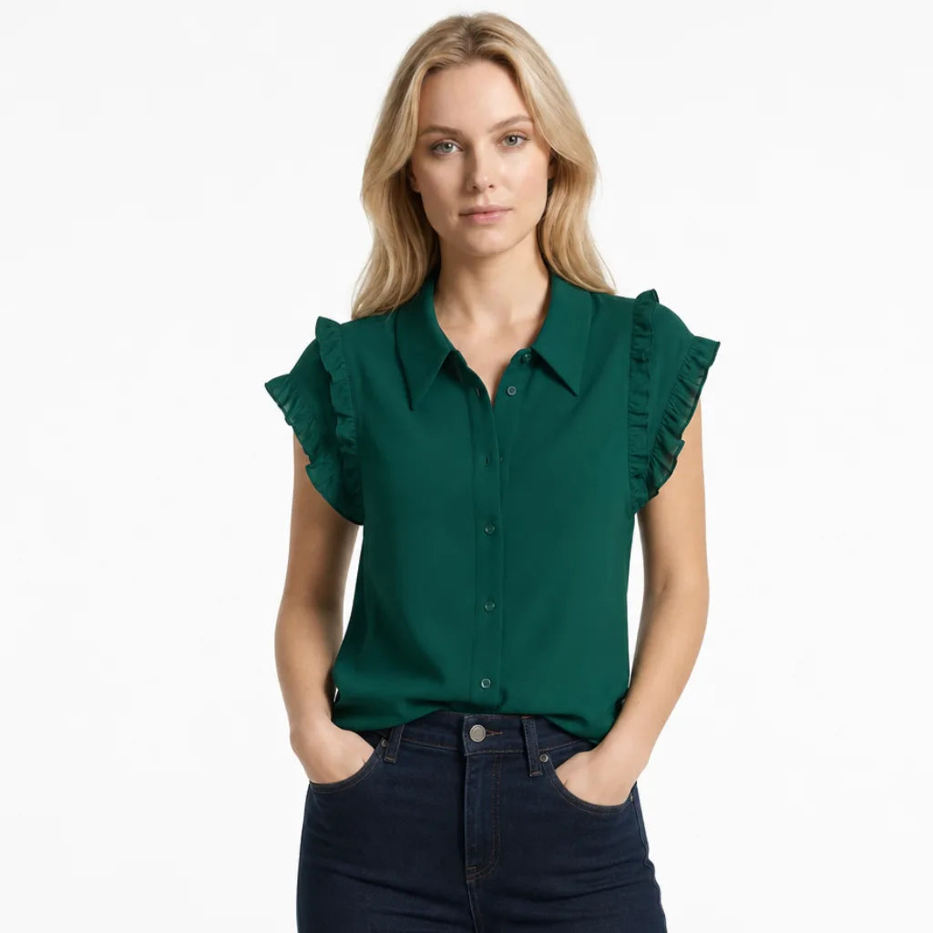 Women's Dark Green Overton Ruffle Collar Blouse