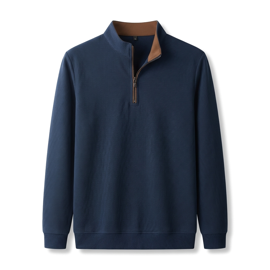 Royal Blue Long Sleeve Quarter Zip Polo Shirt in Textured Waffle Knit 4