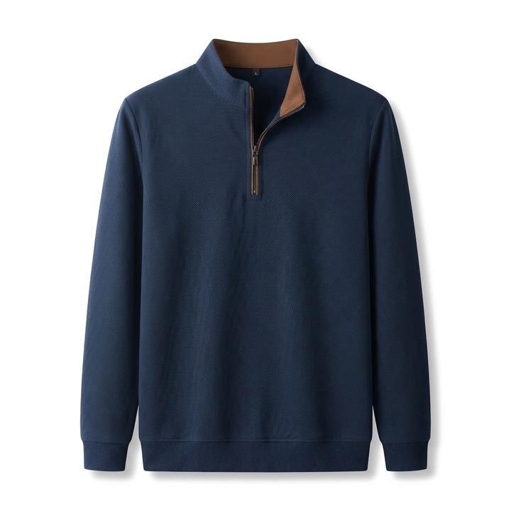 Royal Blue Long Sleeve Quarter Zip Polo Shirt in Textured Waffle Knit 4