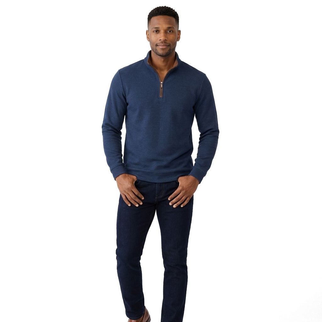 Royal Blue Long Sleeve Quarter Zip Polo Shirt in Textured Waffle Knit 3