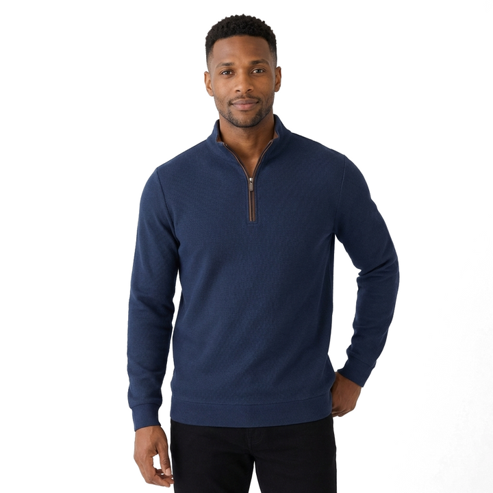 Royal Blue Long Sleeve Quarter Zip Polo Shirt in Textured Waffle Knit 2