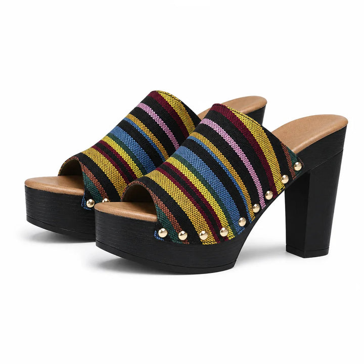 Seraphina Striped Platform Mules - Color:Black;Size:36