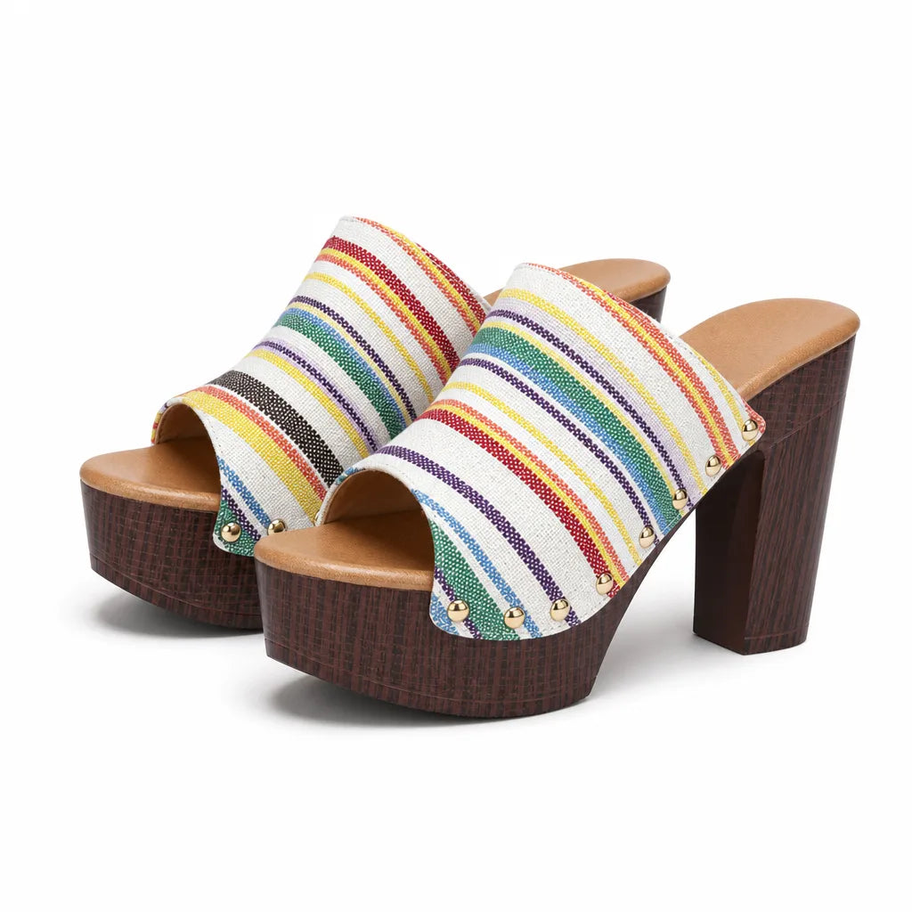 Seraphina Striped Platform Mules - Color:White;Size:36