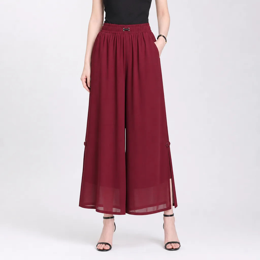 Women's Red Cropped (with pockets) Lockhart Chiffon Wide-Leg Trousers
