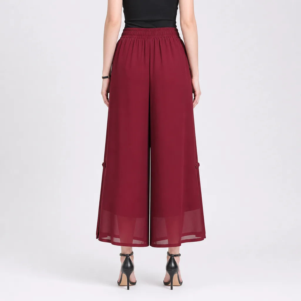 Women's Red Cropped (with pockets) Lockhart Chiffon Wide-Leg Trousers