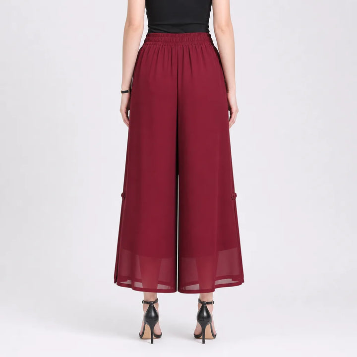 Women's Red Cropped (with pockets) Lockhart Chiffon Wide-Leg Trousers