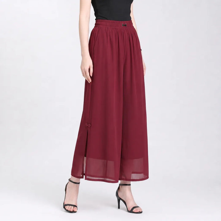 Women's Red Cropped (with pockets) Lockhart Chiffon Wide-Leg Trousers