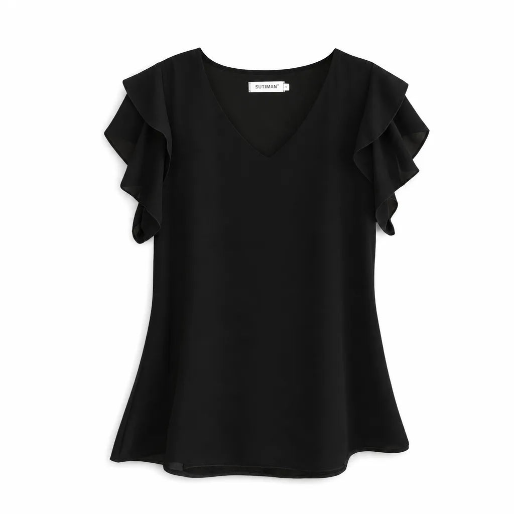Valerie Ruffle Sleeve Blouse - Color:Black;Size:S