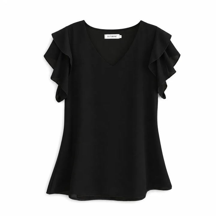 Valerie Ruffle Sleeve Blouse - Color:Black;Size:S