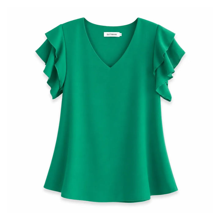 Valerie Ruffle Sleeve Blouse - Color:Green;Size:S