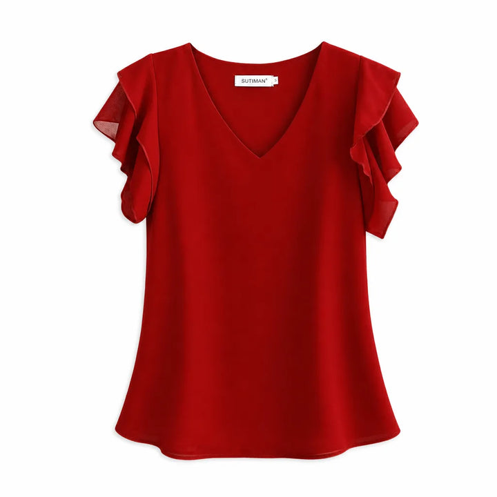 Valerie Ruffle Sleeve Blouse - Color:Red;Size:S