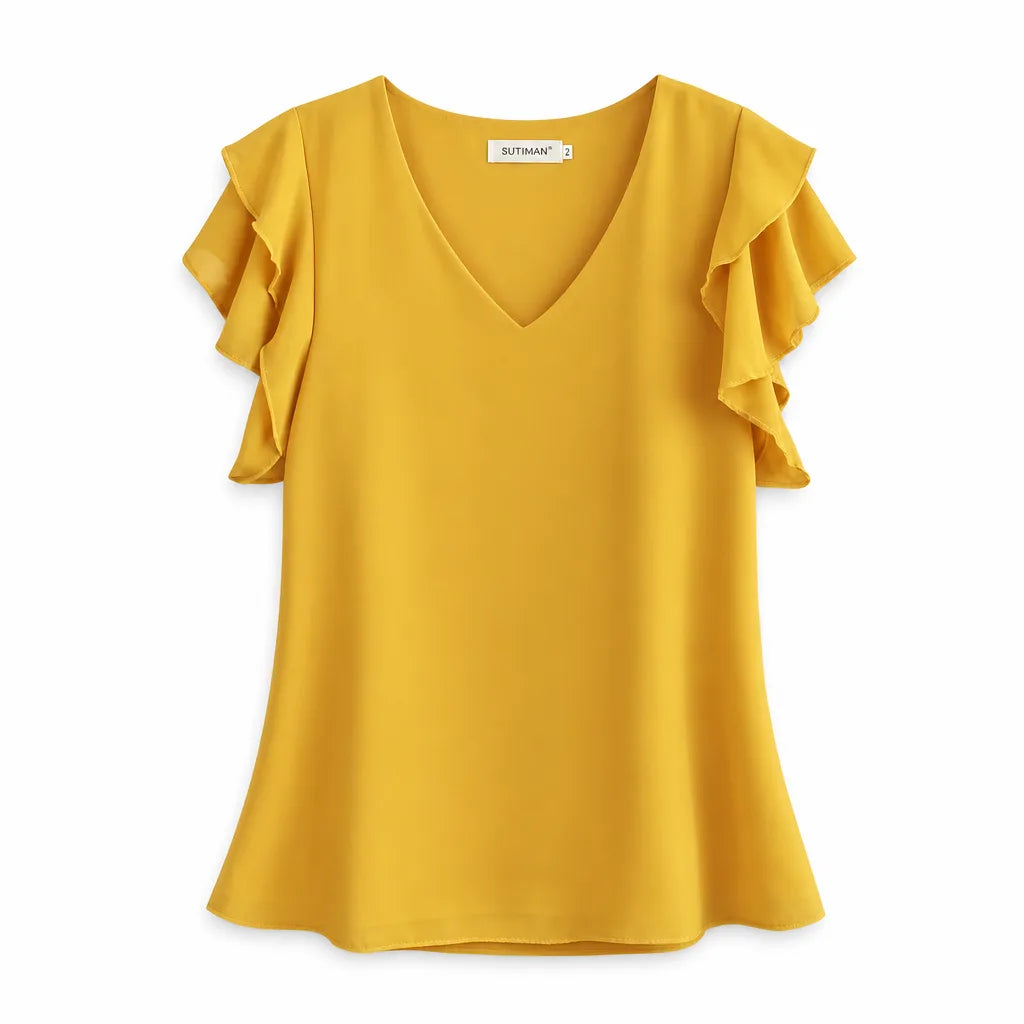 Valerie Ruffle Sleeve Blouse - Color:Yellow;Size:S