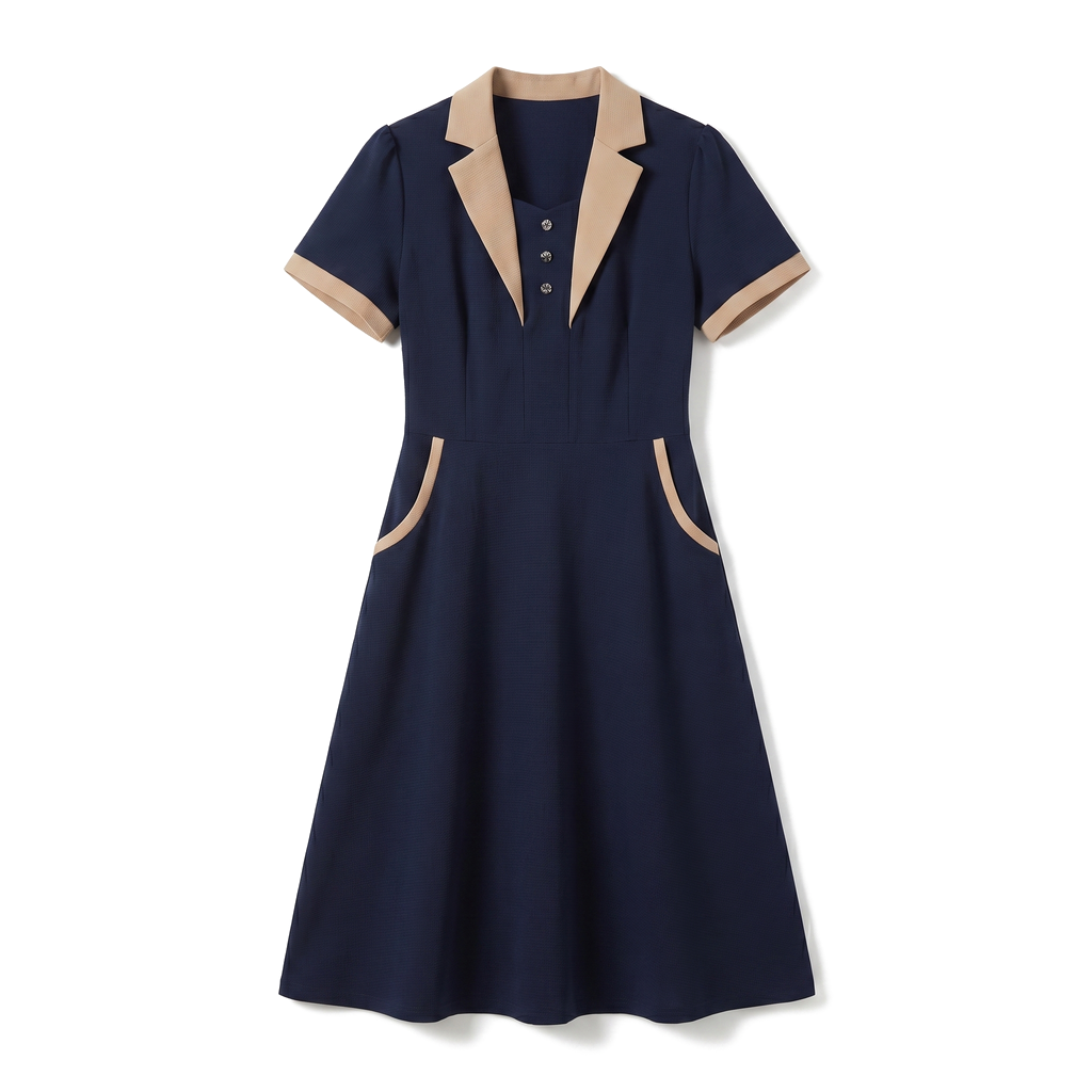Vanessa Lapel Dress - Color:Navy;Size:S
