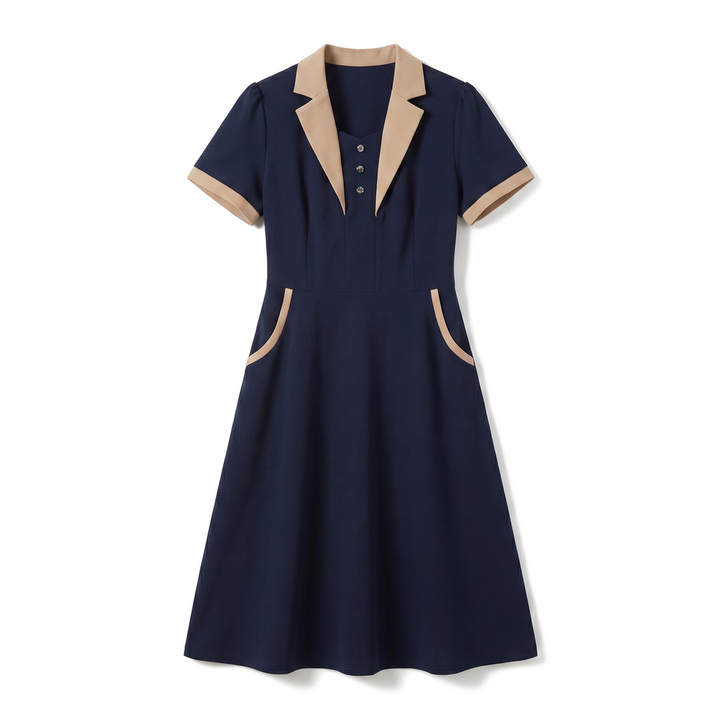 Vanessa Lapel Dress - Color:Navy;Size:S
