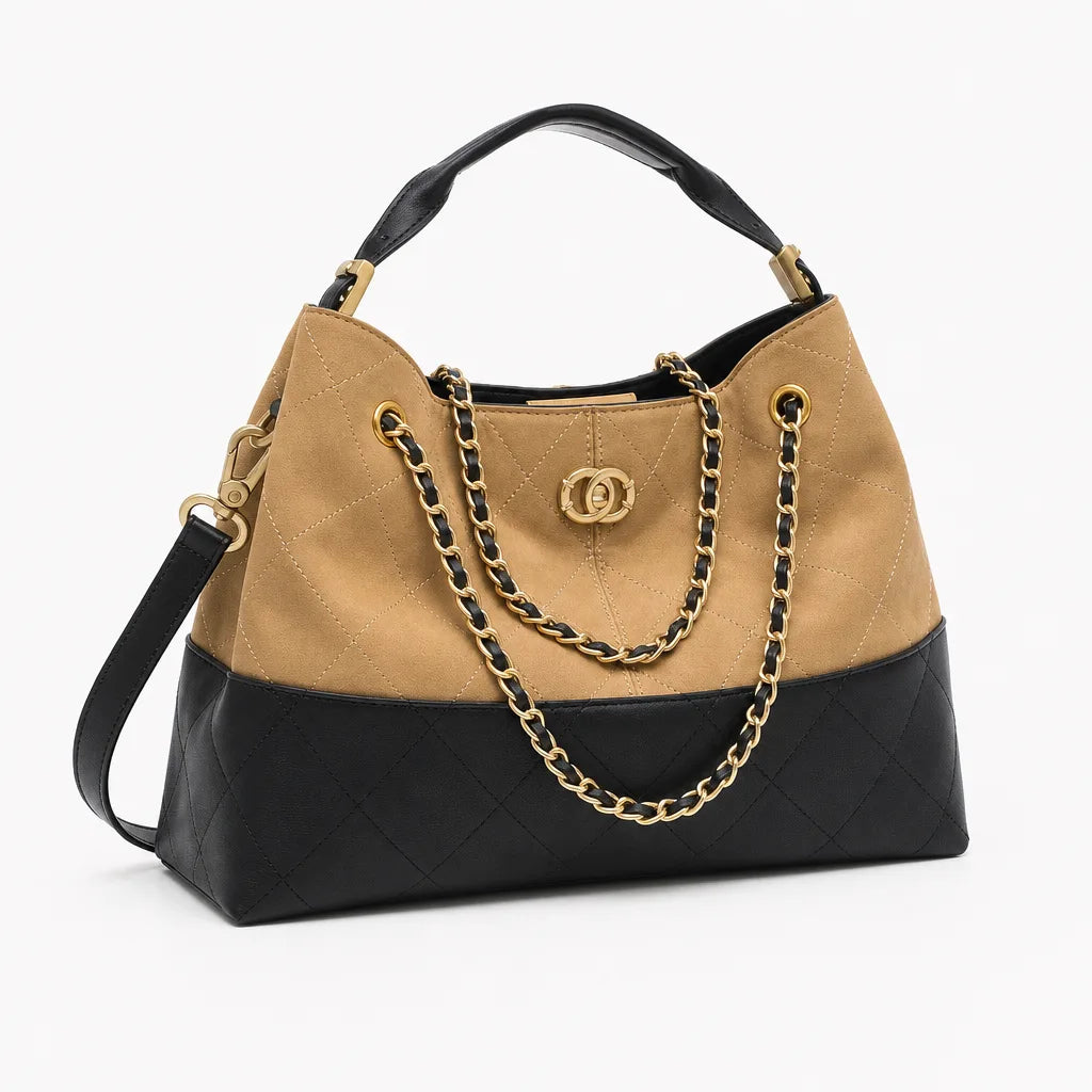 Veronica Quilted Chain Tote - Color:Brown/Black;Size:11" x 4" x 6"