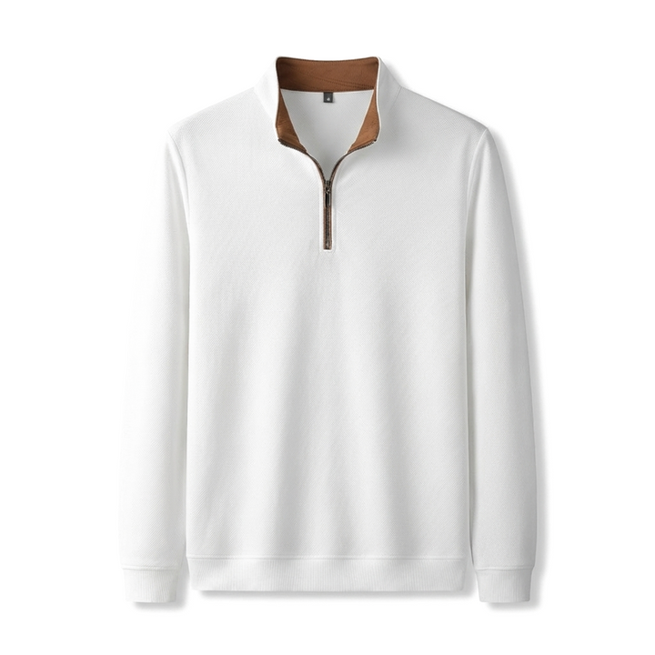 White Long Sleeve Quarter Zip Polo Shirt in Textured Waffle Knit 1