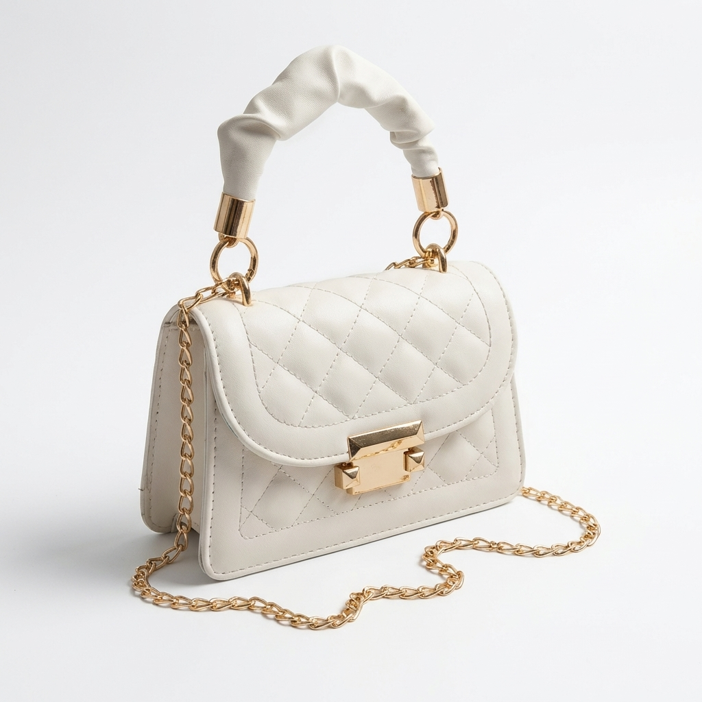 White Quilted PU Leather Mini Crossbody Bag with Chain Strap 1