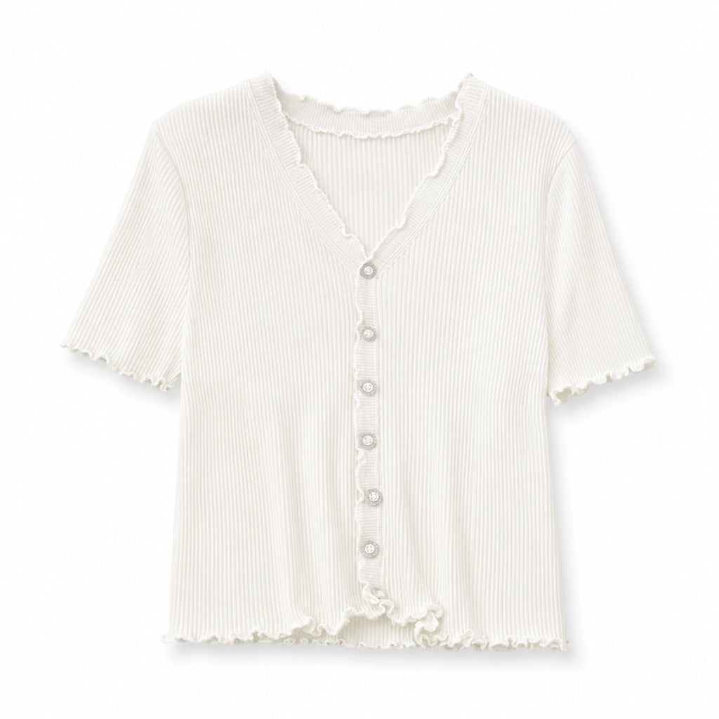 Elise Ruffle V-Neck T-Shirt - Color:White;Size:XS