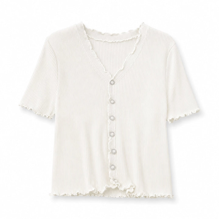Elise Ruffle V-Neck T-Shirt - Color:White;Size:XS