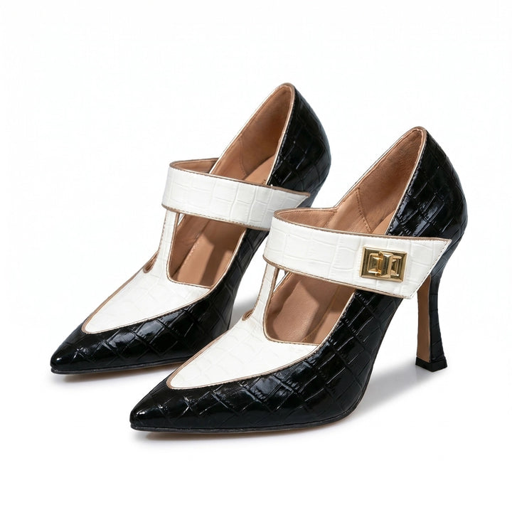 Whitney T-Strap Heels - Color:Black and white;Size:35